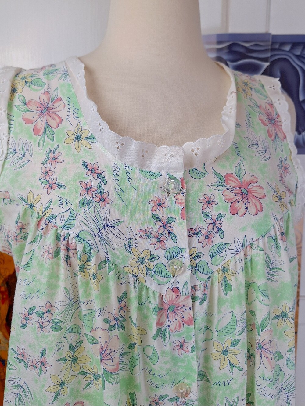 Vintage 80s Floral Sleeveless Midi House Dress M Lace Cottagecore Grannycore - Picture 2 of 6